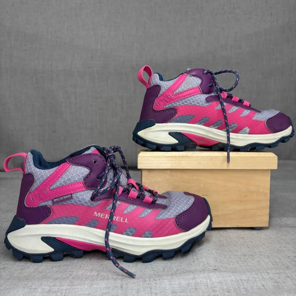 Merrell Moab Mid Speed Waterproof Hiking Shoes Purple Pink Grey Kids Size 1